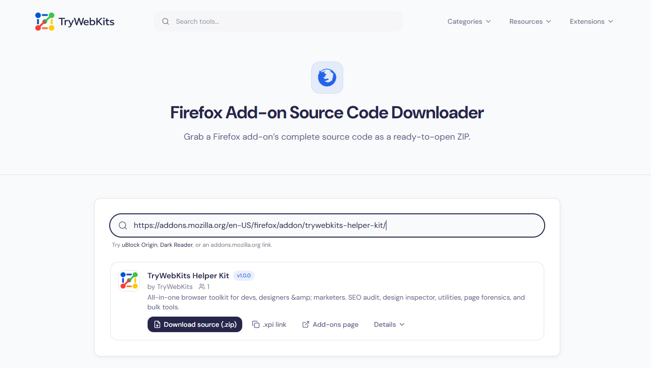 Firefox Add-on Source Code Downloader preview