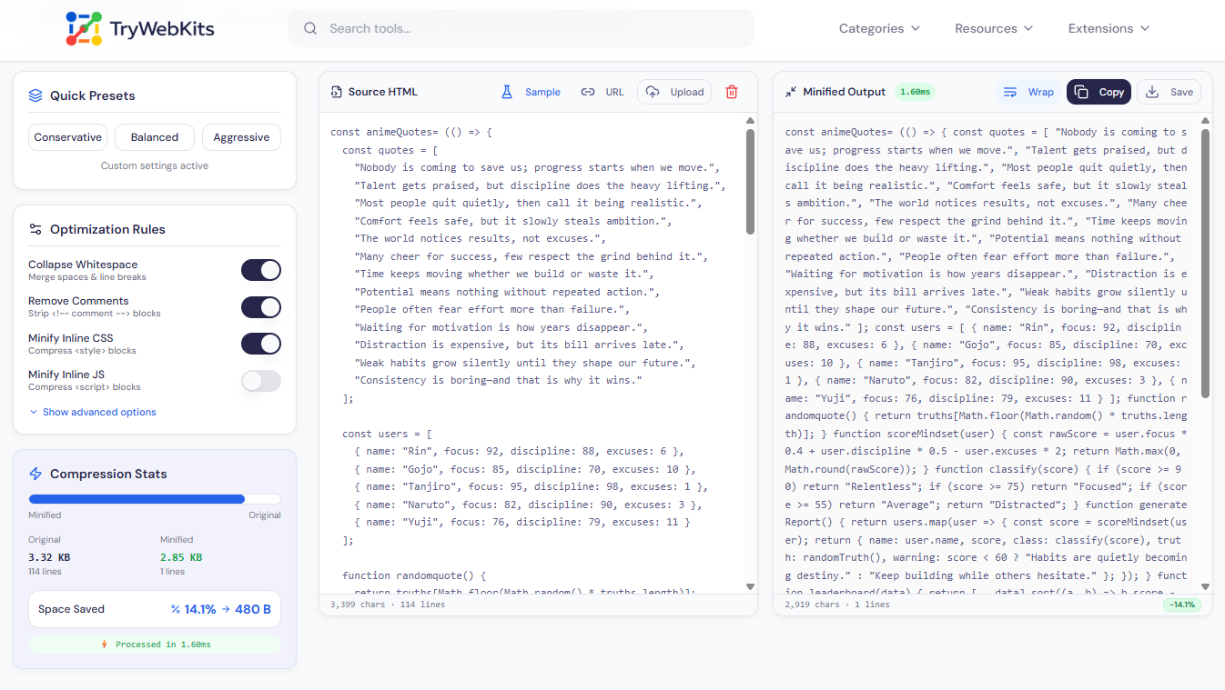 HTML Minifier Process Preview