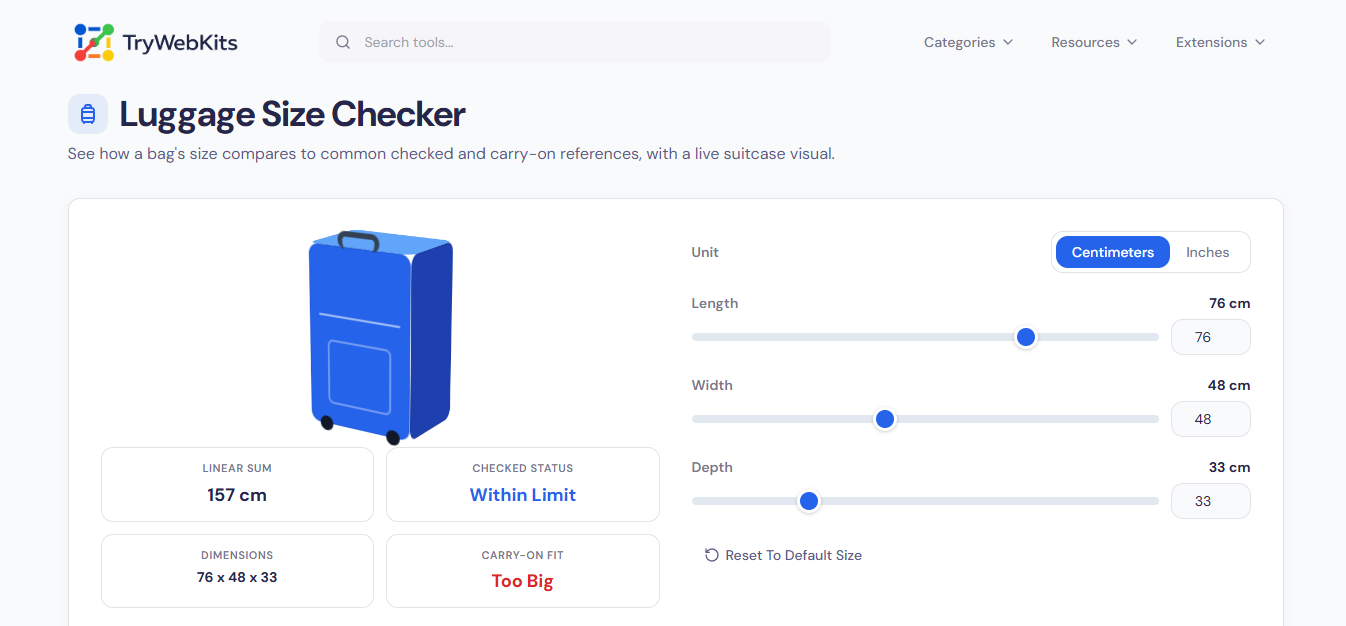 Luggage Size Checker interface preview
