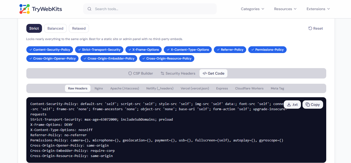 Security Header Generator interface preview