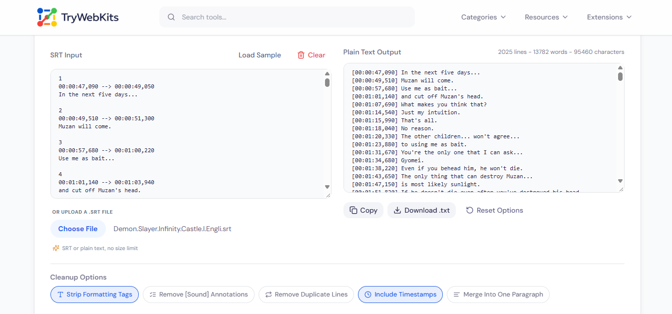 SRT to TXT Converter interface preview