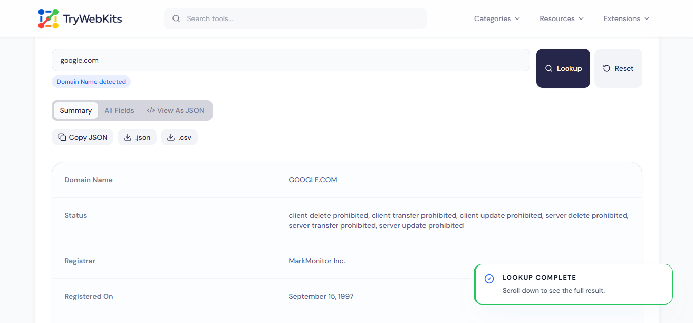 WHOIS Lookup interface preview